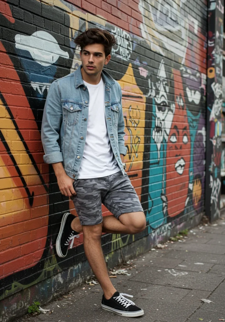 Men’s denim-on-camo outfit with white tee and sneakers