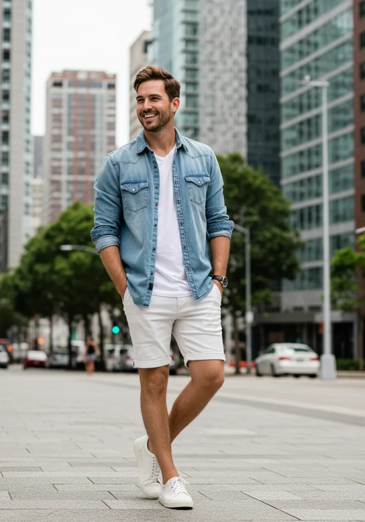 Clean summer look with denim shirt and white shorts styled for masculine fashion.