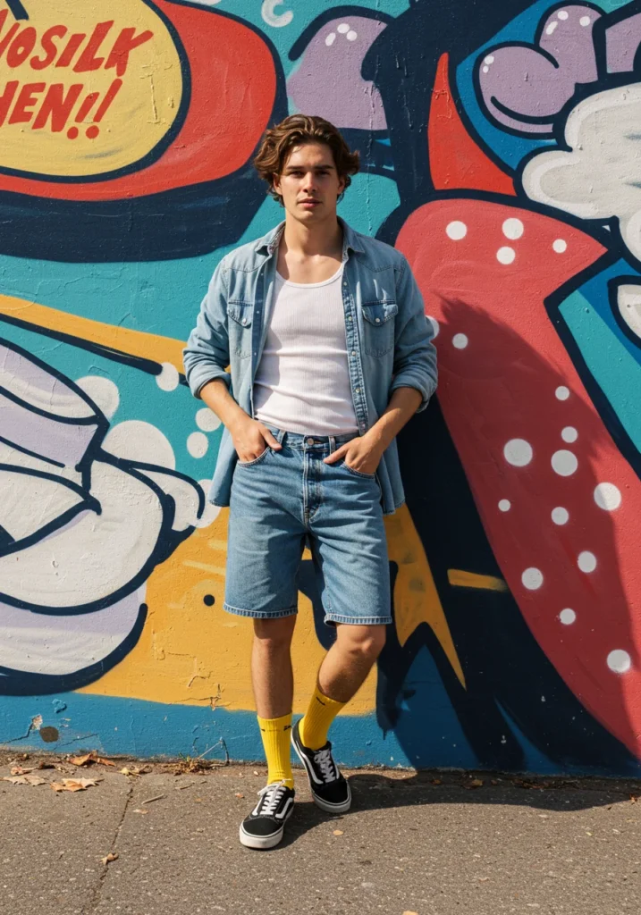 Denim-on-denim summer outfit for men with light-wash shirt and shorts.