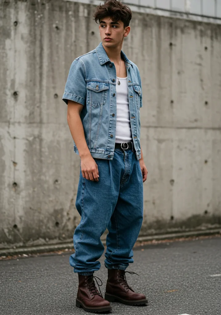 Man wearing a denim-on-denim outfit with baggy jorts and boots for a bold street look.