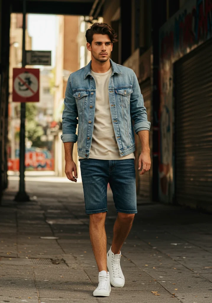 Denim-on-denim look with Bermuda shorts and jacket in contrasting washes
