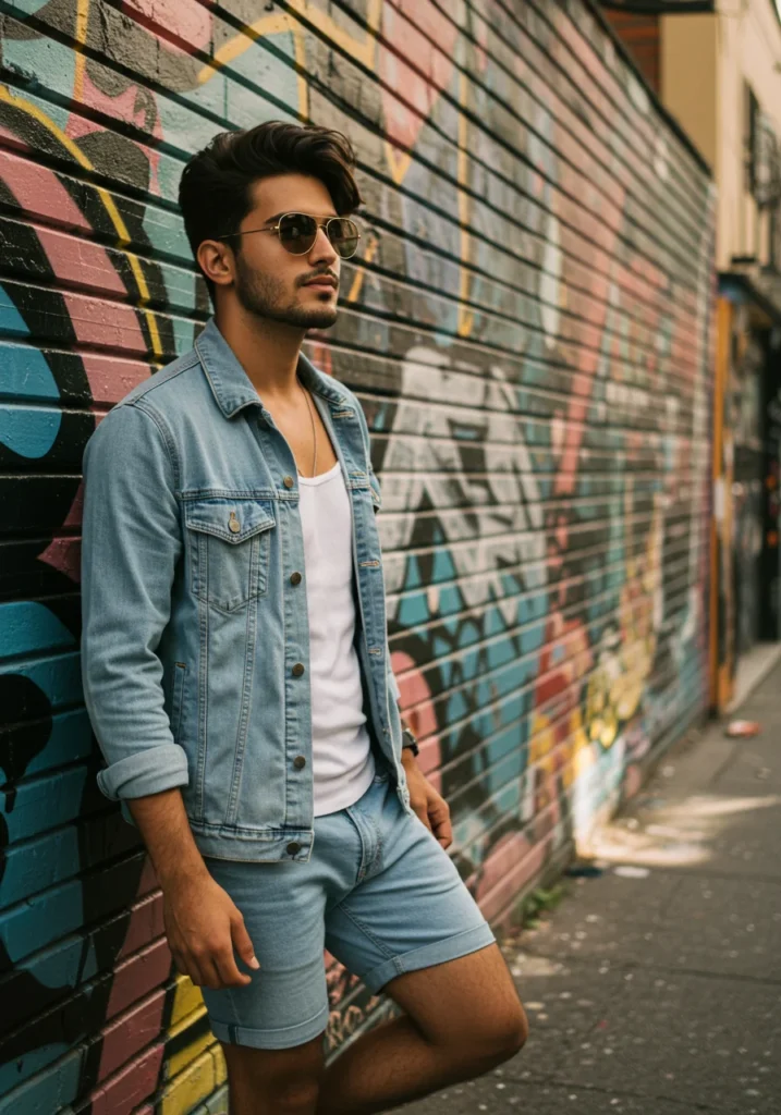 Men’s denim-on-denim outfit with white tank top and jean shorts