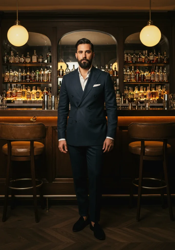 Navy double-breasted suit styled for men’s cocktail attire.