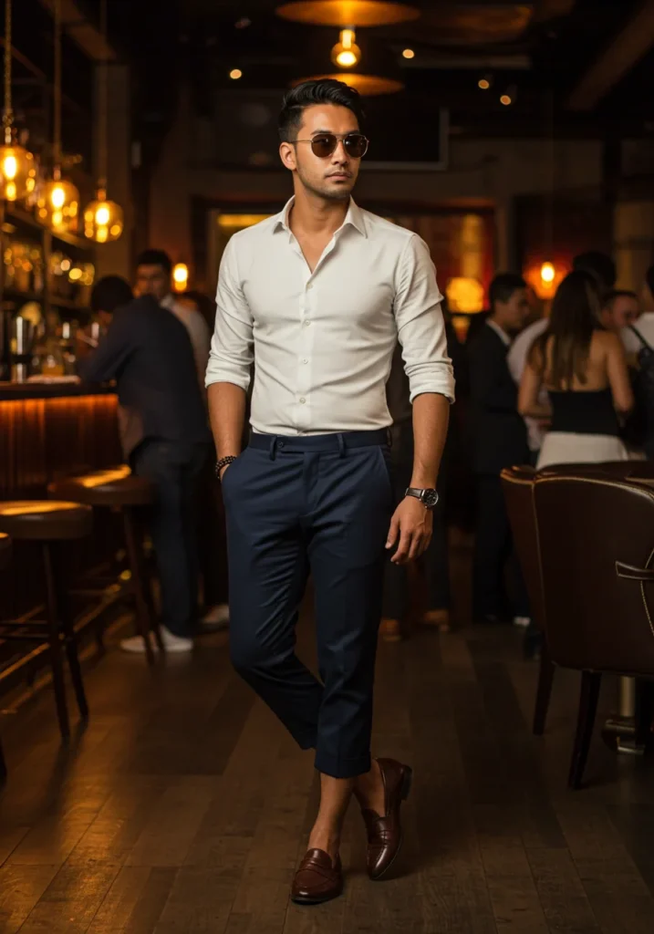 Modern men’s cocktail outfit with cropped trousers and dress shirt.