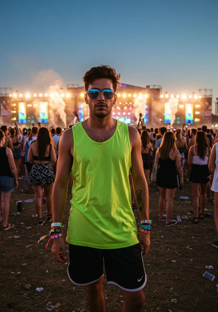 Man in tank top and shorts at an EDM festival.