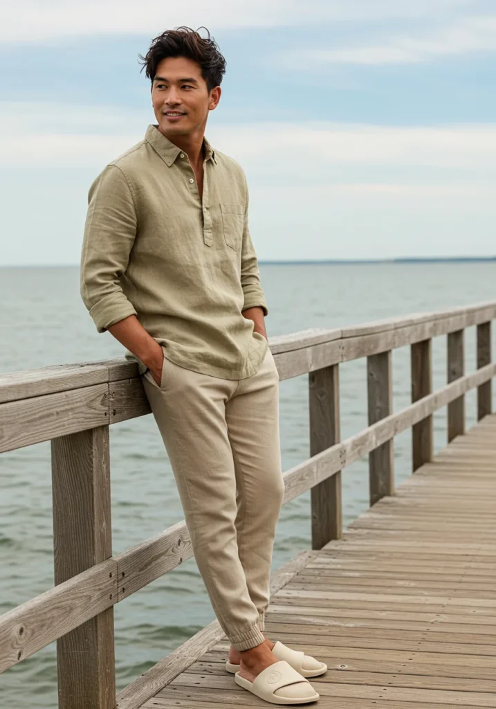 Earth-toned linen shirt with joggers and slides for laid-back summer fashion