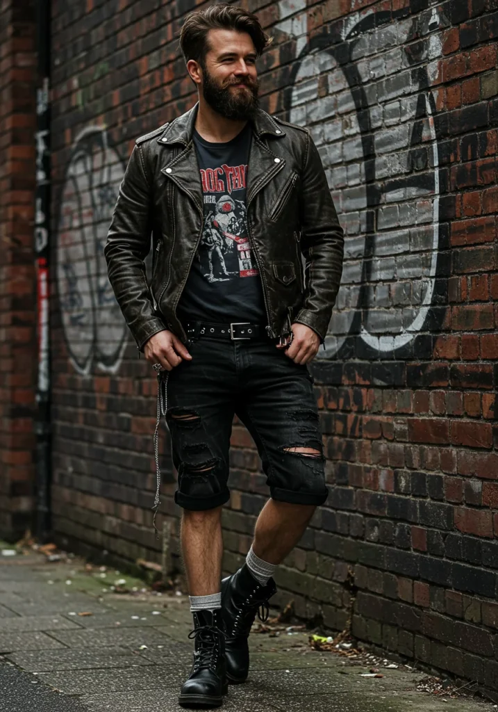 Edgy street style with black jorts, leather jacket, and combat boots.