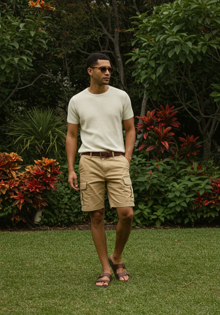 Neutral-toned summer outfit with tan cargo shorts and knit shirt.