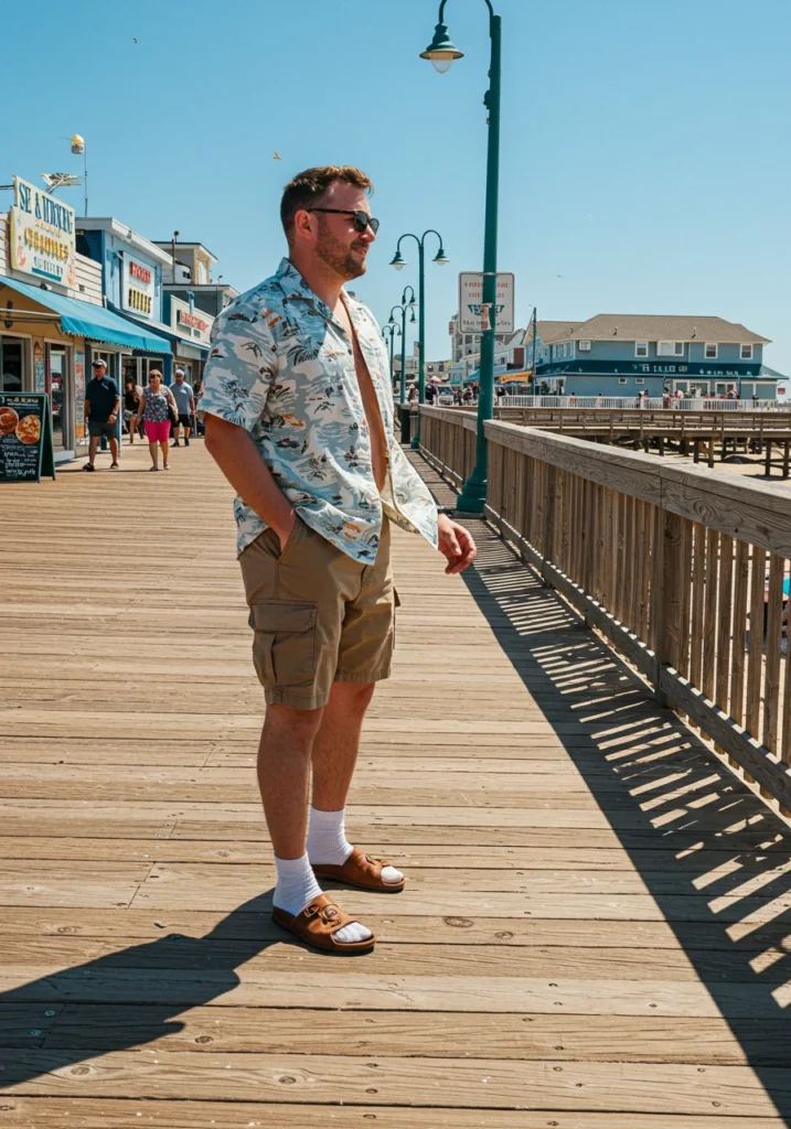Man wearing fisherman sandals with socks and casual streetwear outfit.
