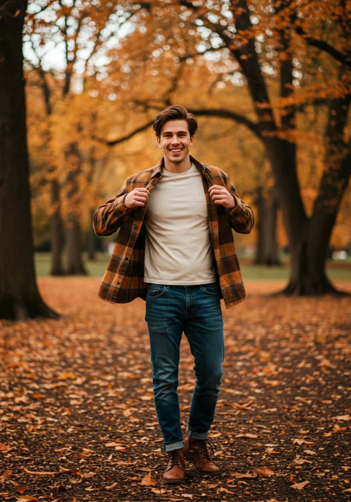 Flannel shirt layered with tee and denim for casual fall style