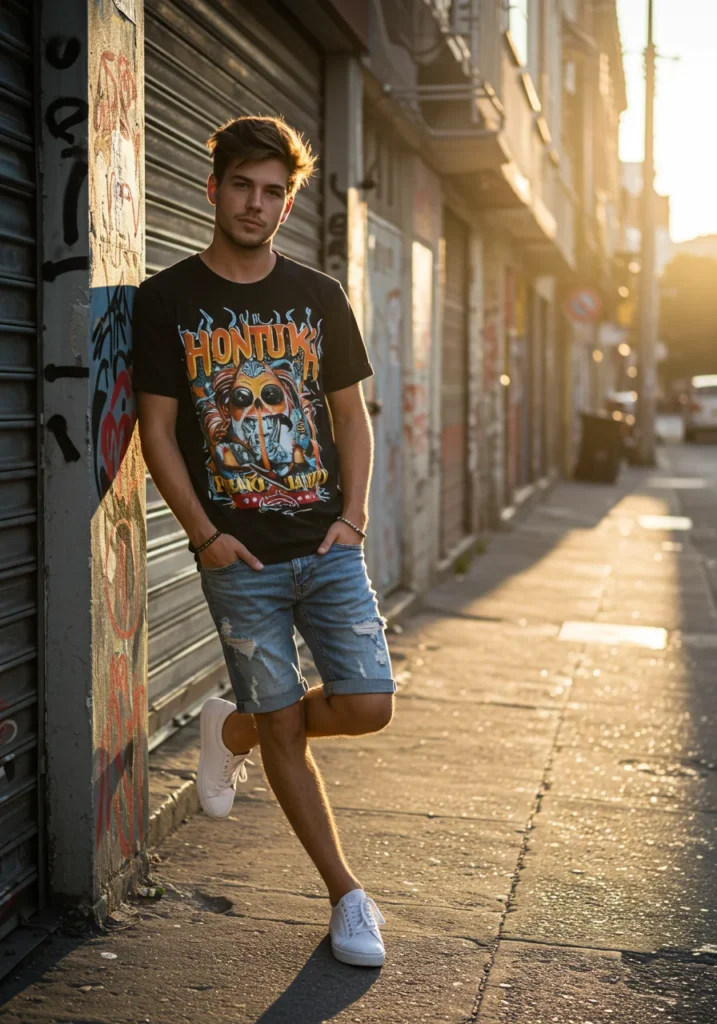 Man in a graphic tee and ripped denim shorts with sneakers, summer street style