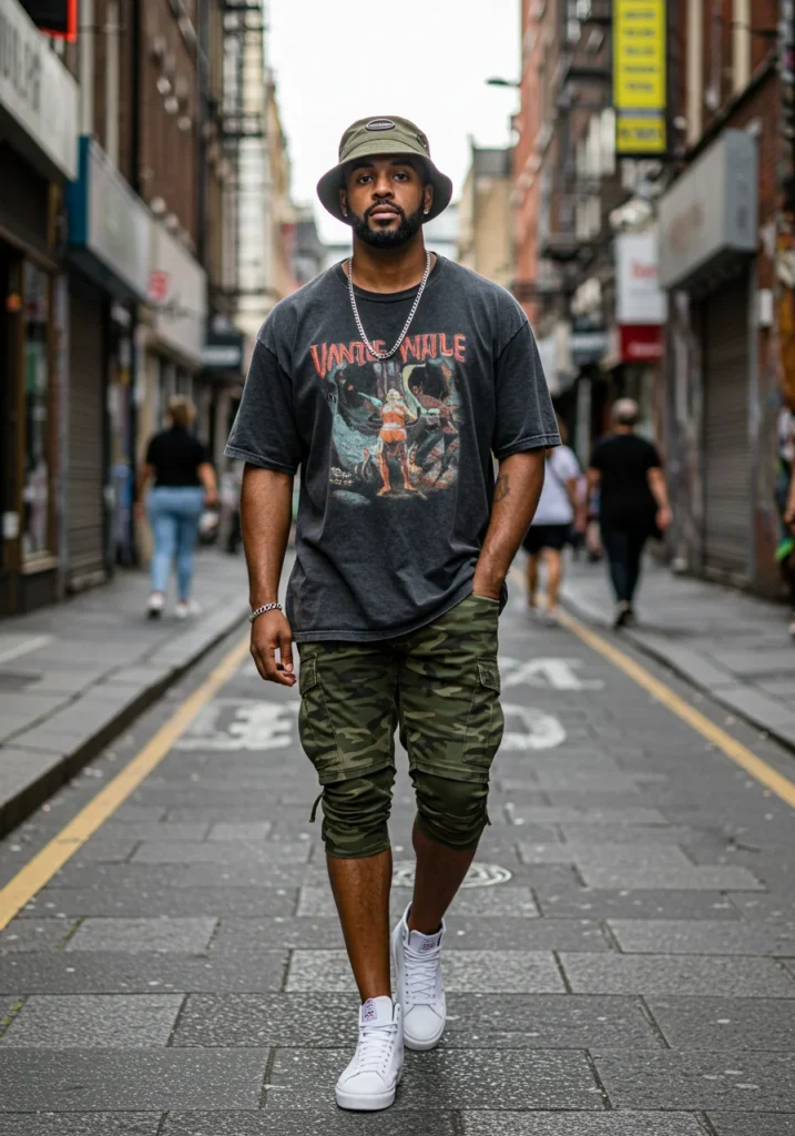 Streetwear outfit with camo shorts, bold graphic tee, and high-top sneakers