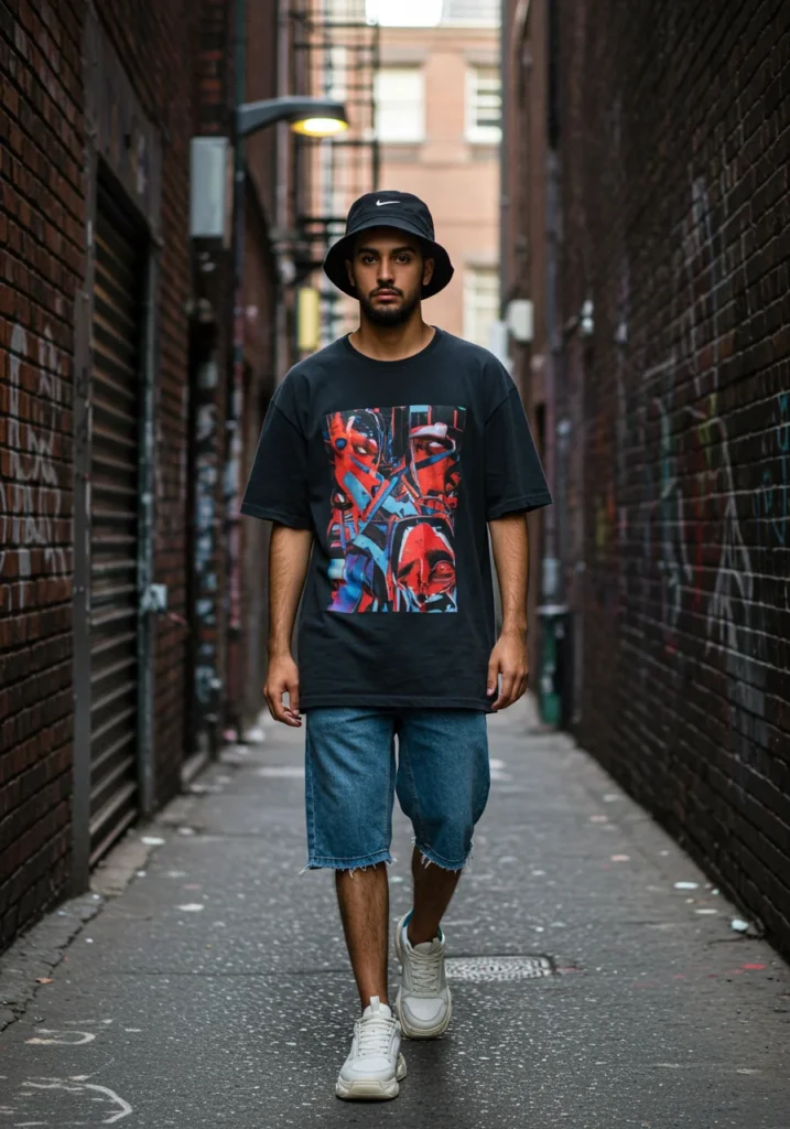 Streetwear look with graphic tee and raw hem Bermuda shorts for men