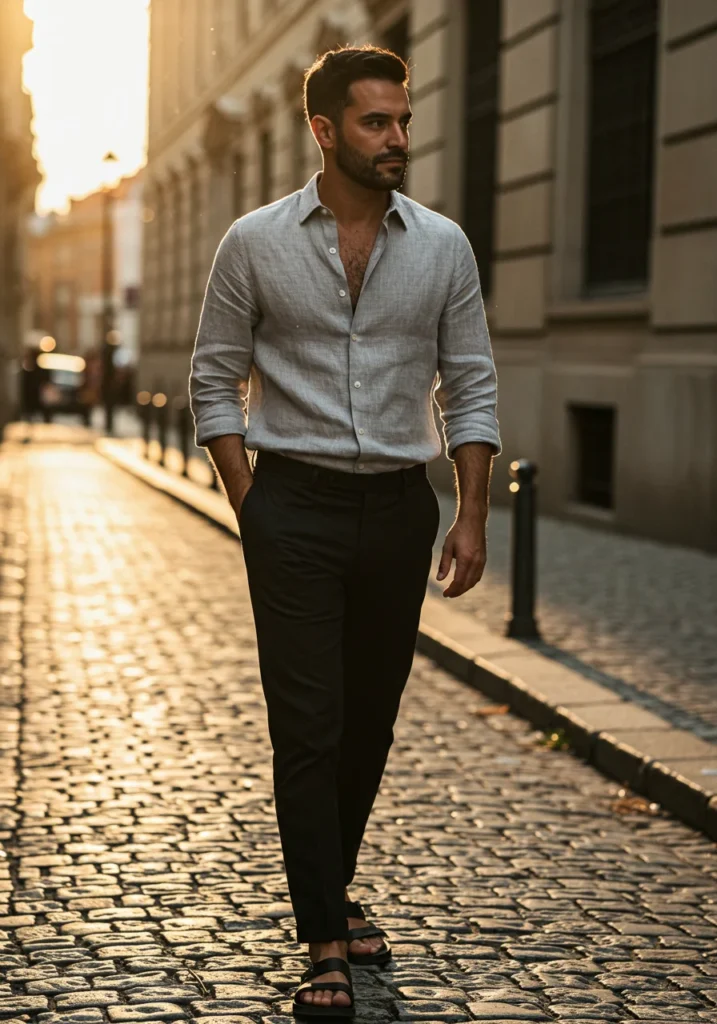 Gray linen shirt with black pants and sandals styled for warm weather