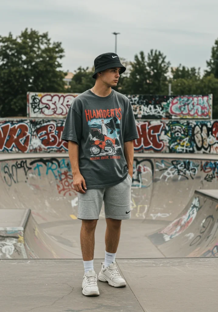Man styled in grey shorts and an oversized graphic tee with streetwear accessories.