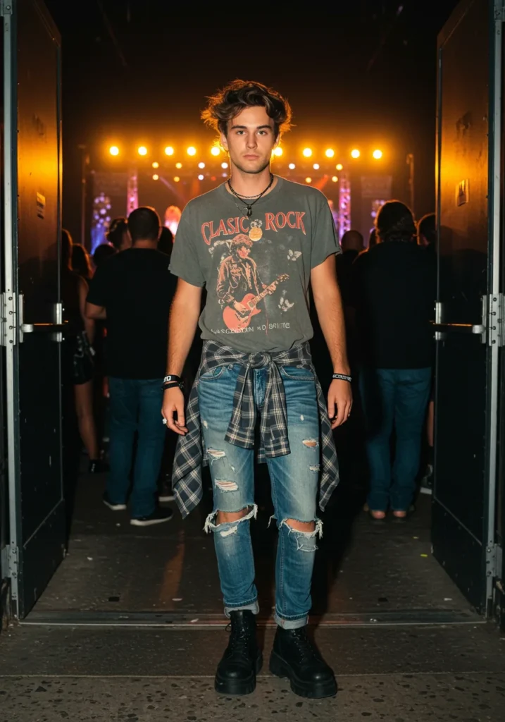 Man wearing band tee and plaid shirt at a grunge-style concert.