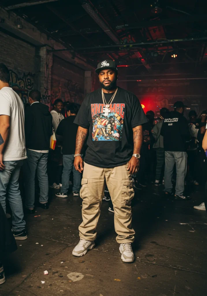 Man wearing a graphic tee and cargo pants at a hip-hop concert.