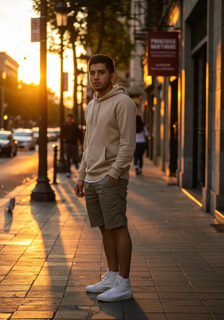 Man pairing grey shorts with a hoodie and high-top sneakers for a cozy summer evening outfit.