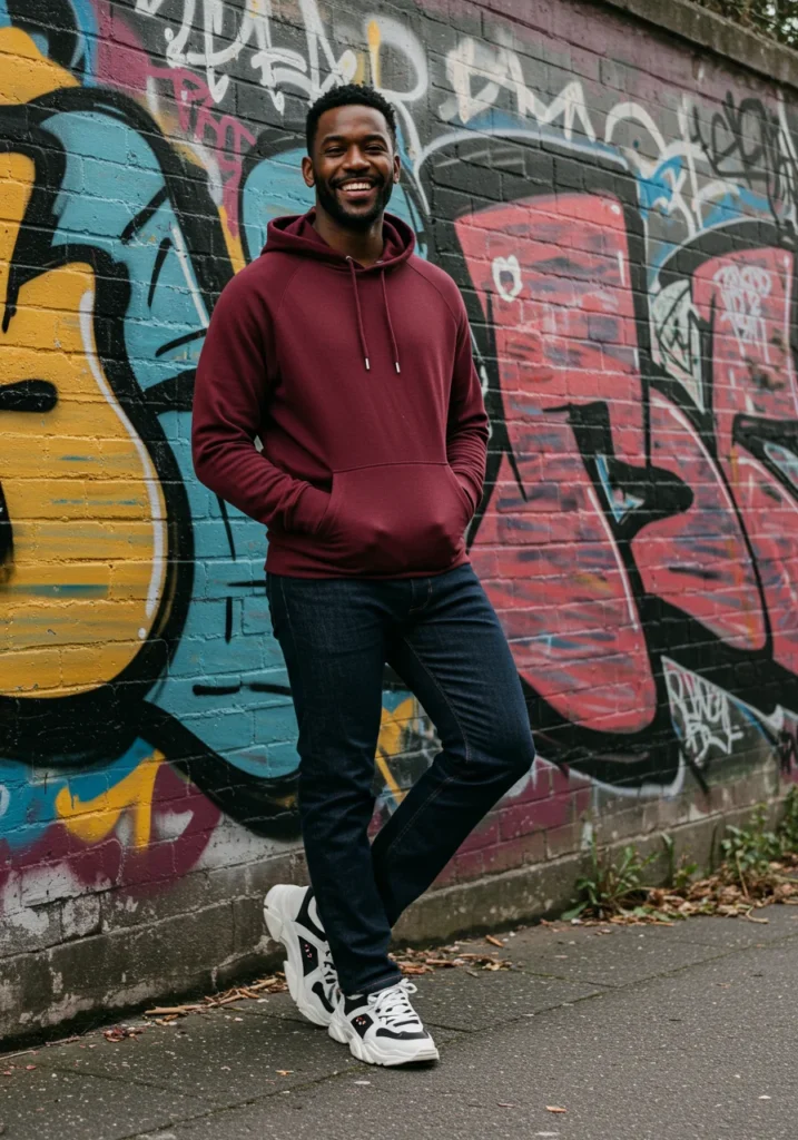 Casual men’s hoodie and jeans outfit idea