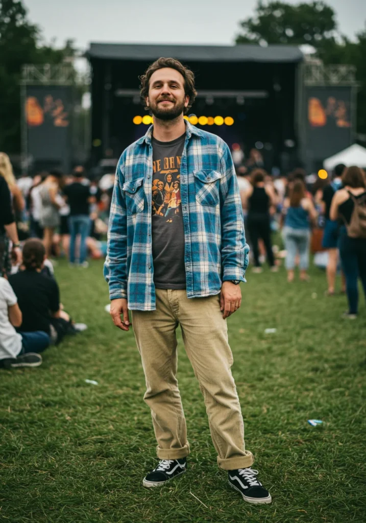 Man in flannel and corduroy pants enjoying an indie concert.