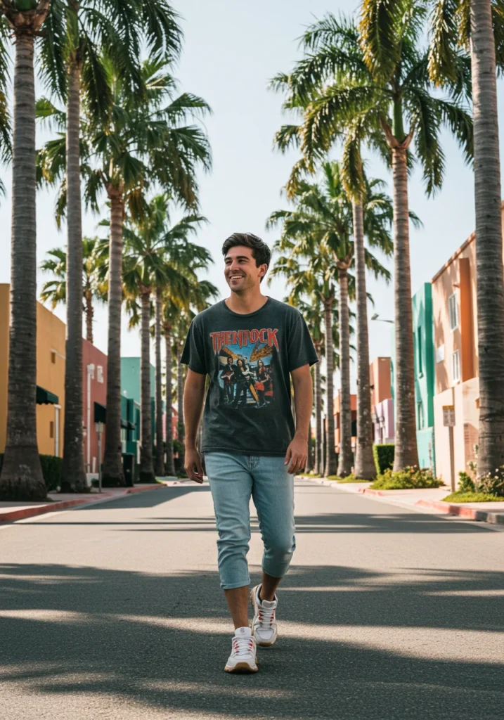 Man in jorts, band tee, and chunky sneakers walking on sunny street.