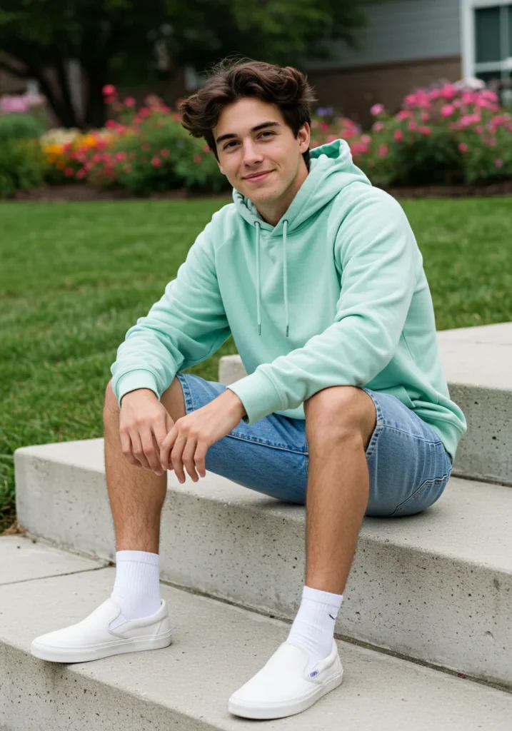 Man in pastel hoodie and light denim Bermuda shorts for a cozy summer outfit