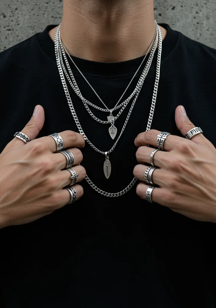 Layered silver chains, rings, and bracelets styled with streetwear shirt.