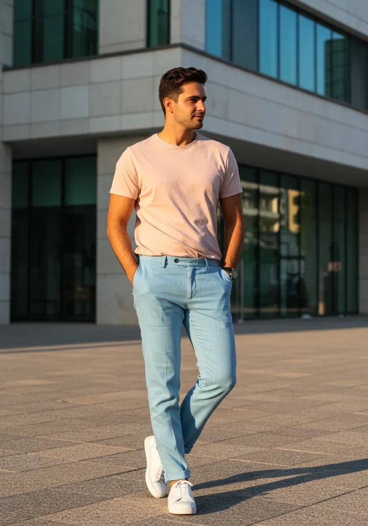 man in light blue linen pants and pastel t-shirt with white sneakers