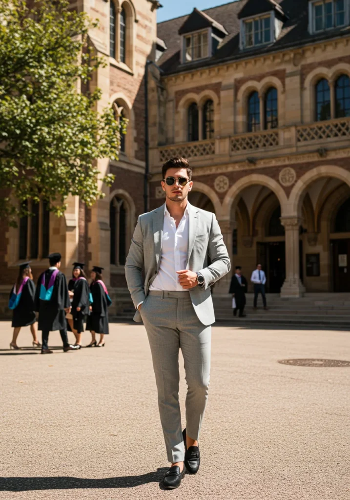 Stylish man in light grey suit and black loafers for graduation.