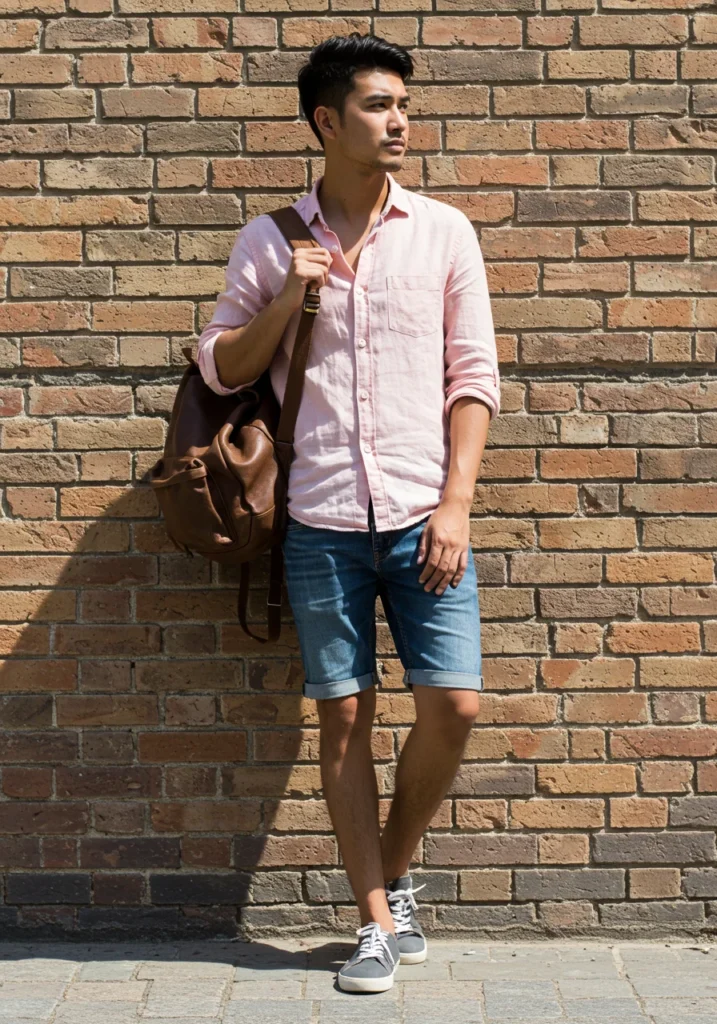 Light pink linen shirt with denim shorts and casual sneakers for men