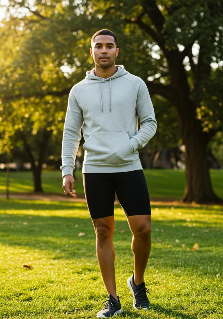 Men’s summer athleisure outfit with hoodie and biker shorts.