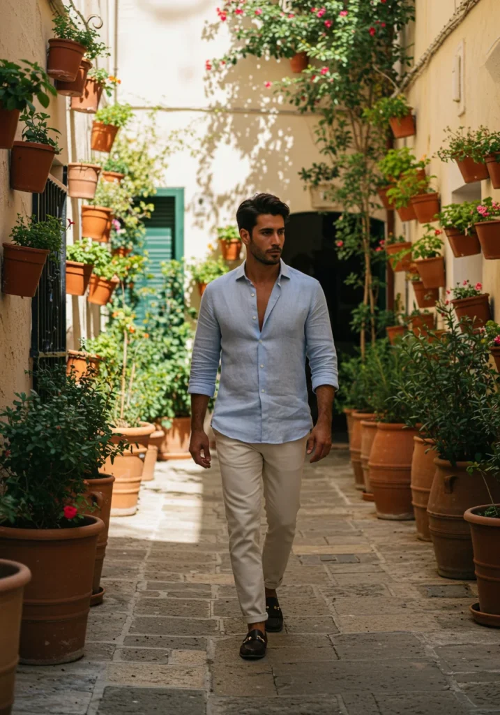 Man in a linen shirt and trousers, perfect for breathable and elegant summer fashion.
