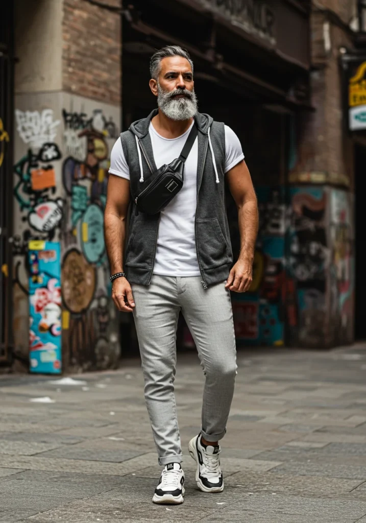 man in linen joggers and sleeveless hoodie with sneakers in streetwear-inspired summer look