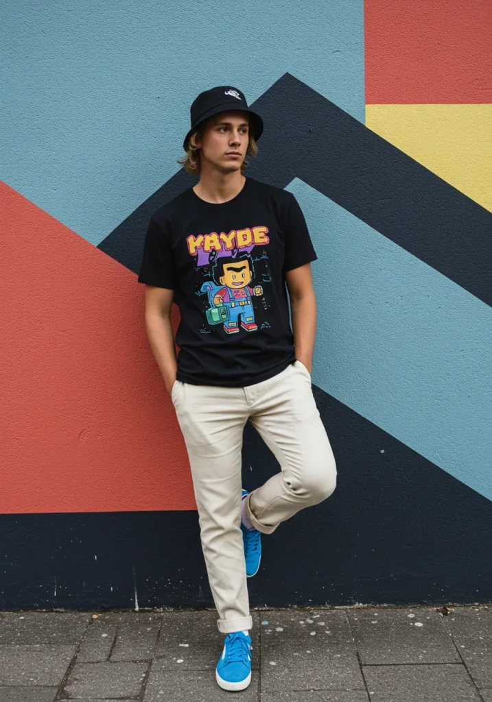 man in linen pants, graphic tee, and bucket hat in vibrant streetwear look