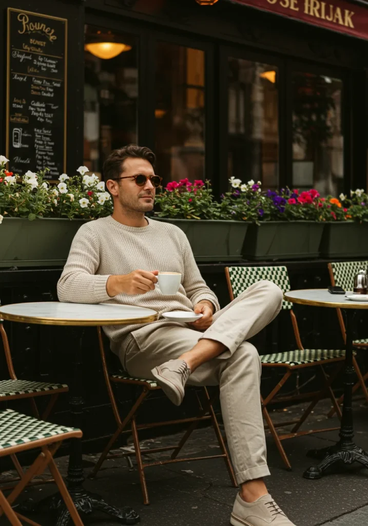 man in linen pants and knit sweater at outdoor summer café