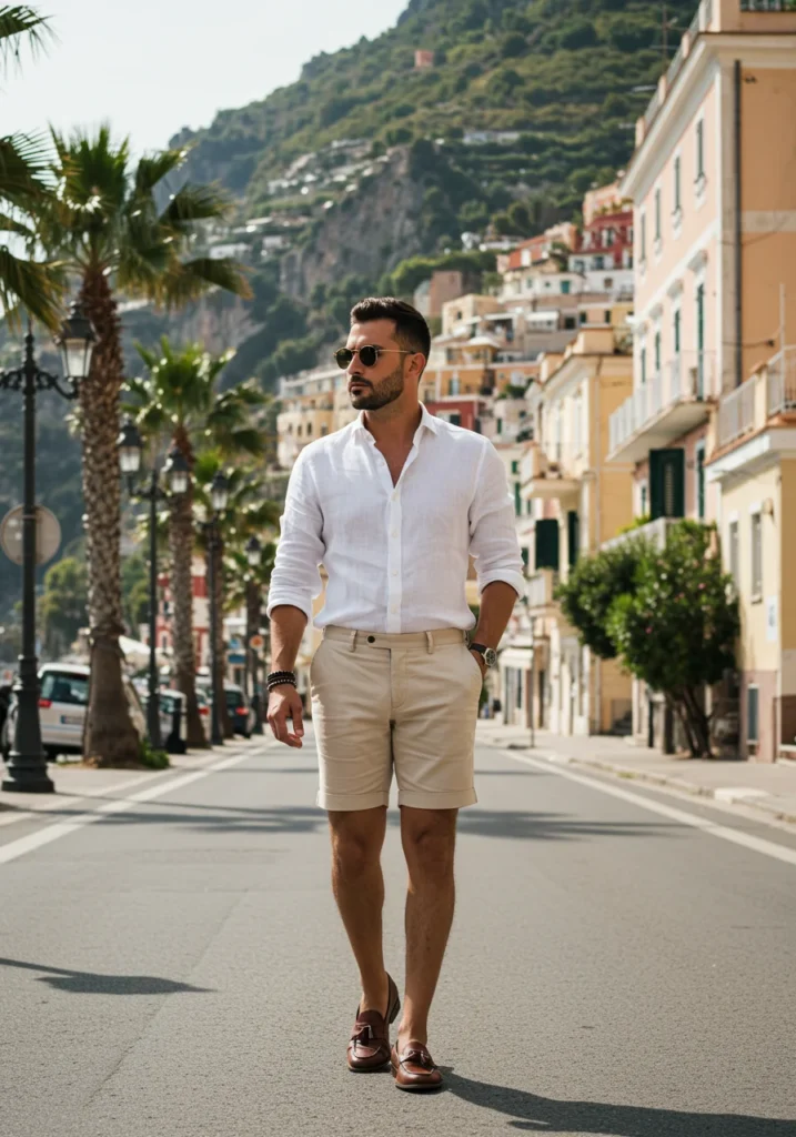 Man in white linen shirt and beige tailored shorts, summer street style