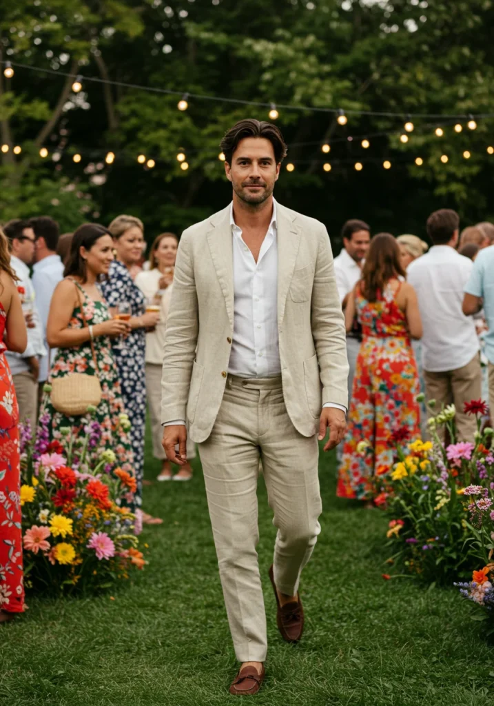 Man in beige linen suit for summer cocktail event.