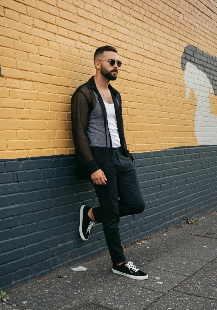 Streetwear outfit with black mesh layer and white tank, summer style.