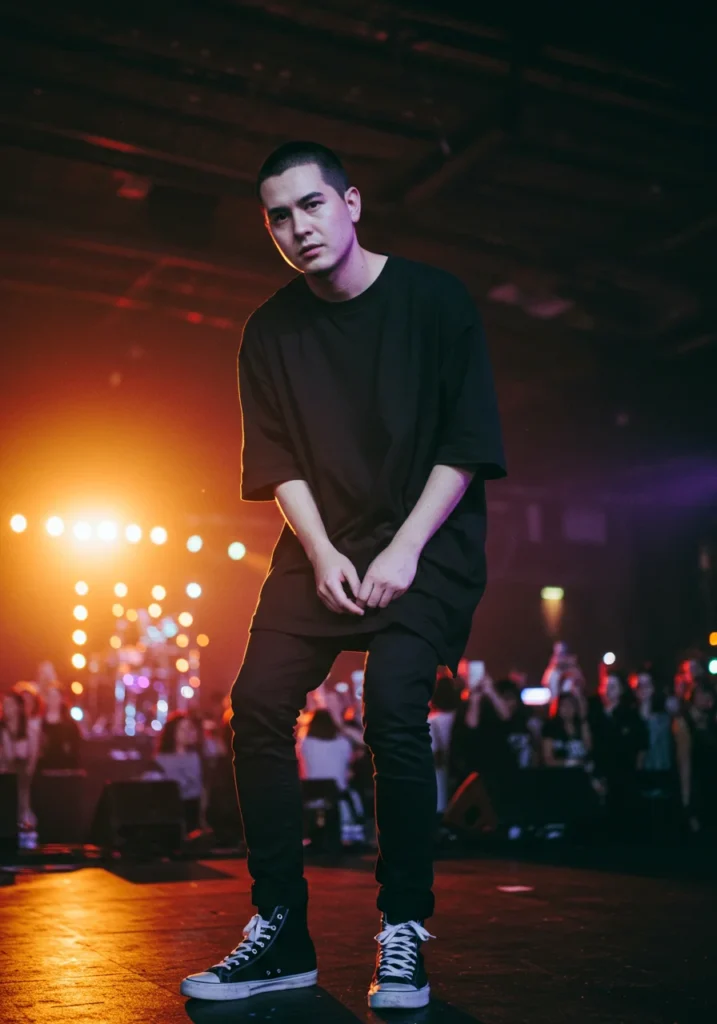 Man in all-black streetwear outfit at a concert.