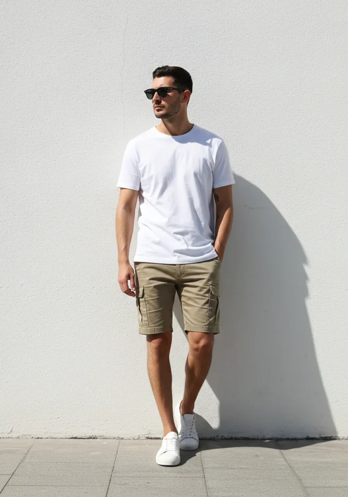 Man in khaki cargo shorts and white tee with minimalist summer styling.