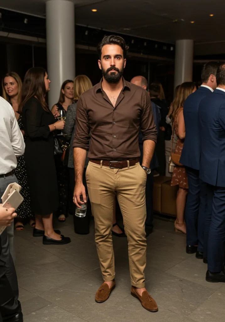 Earth-tone monochromatic men’s cocktail outfit.