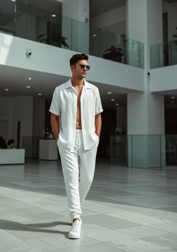 Man wearing all-white summer outfit with button-up shirt and drawstring pants