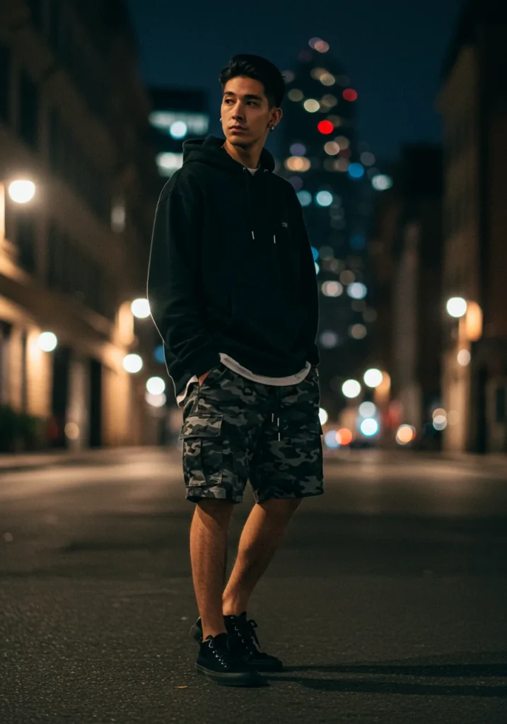All-black layered look with grey camo shorts for men