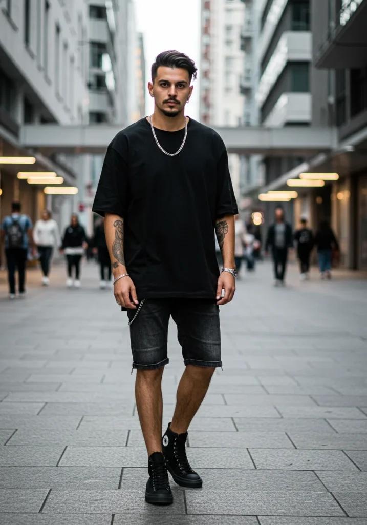 Man wearing all-black outfit with washed black Bermuda shorts and silver accessories