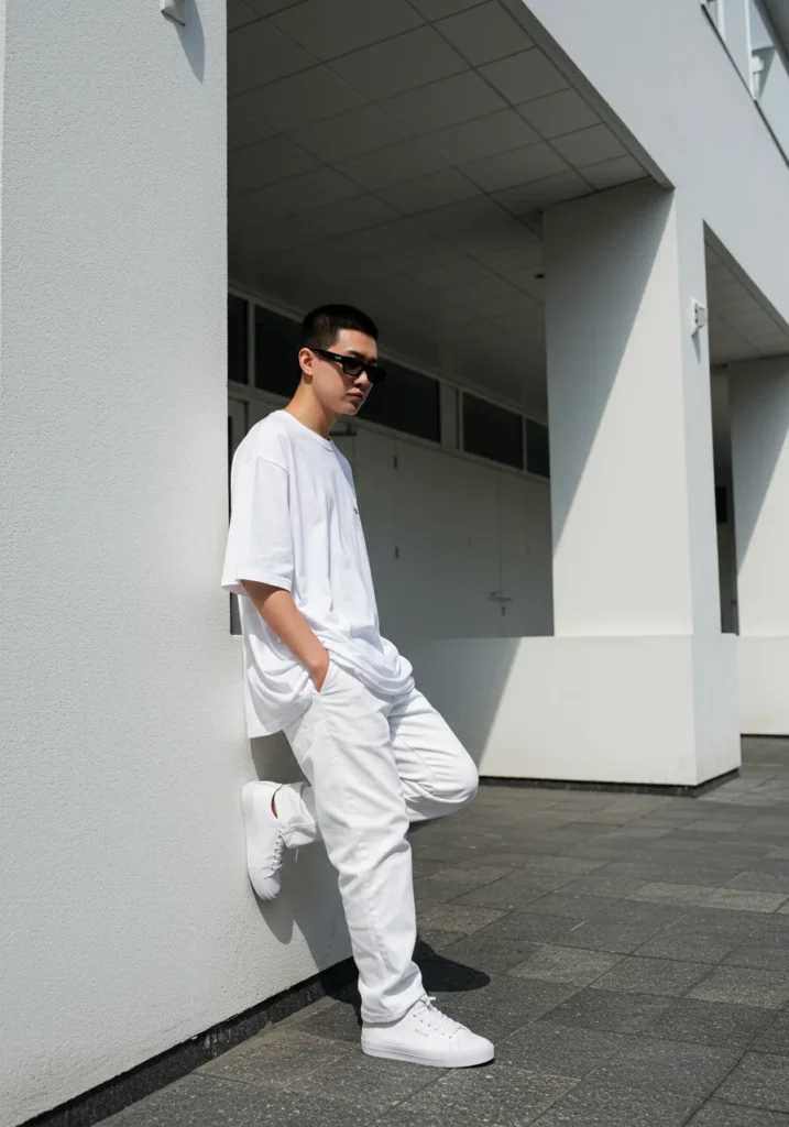 Man in an all-white outfit featuring white jorts and an oversized tee for a clean summer streetwear look.