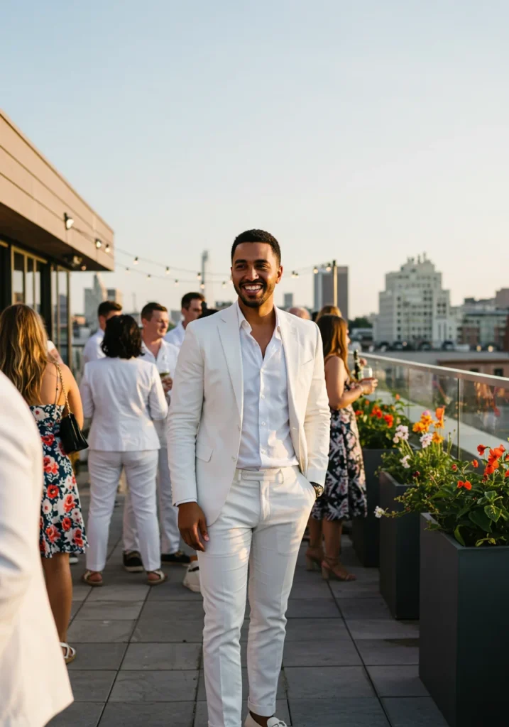 Man in monochrome all-white suit at summer rooftop wedding.