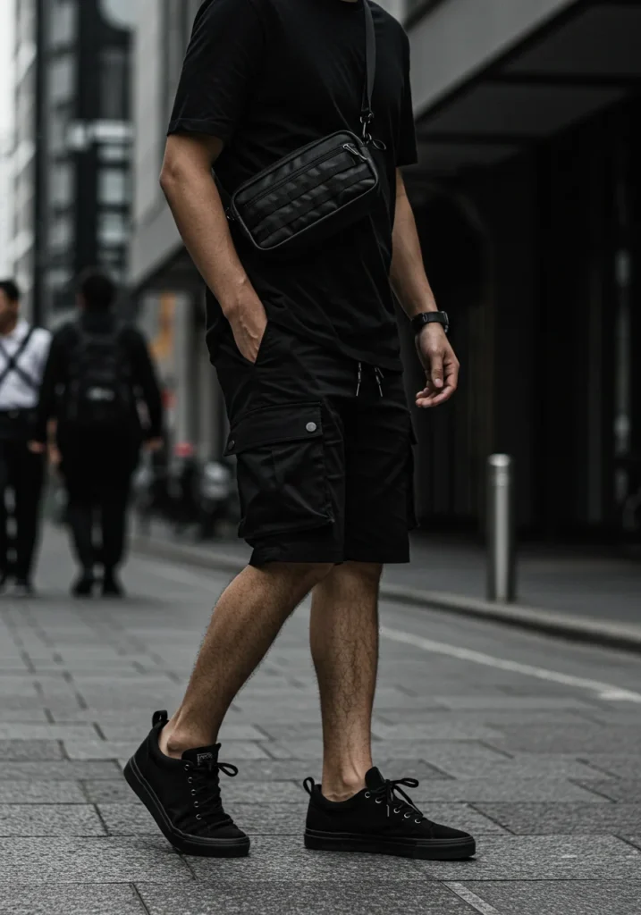 All-black cargo shorts outfit with a sleek modern aesthetic.