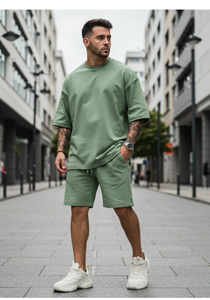 Man in a sage green monochrome summer outfit with oversized t-shirt and shorts.