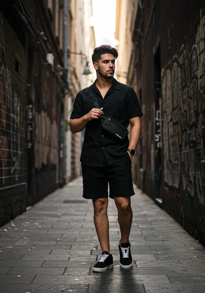 Men’s streetwear look featuring a matching monochrome summer set.