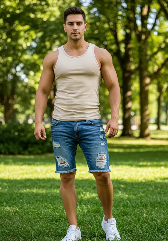 Athletic summer outfit with muscle tank and frayed denim shorts for men